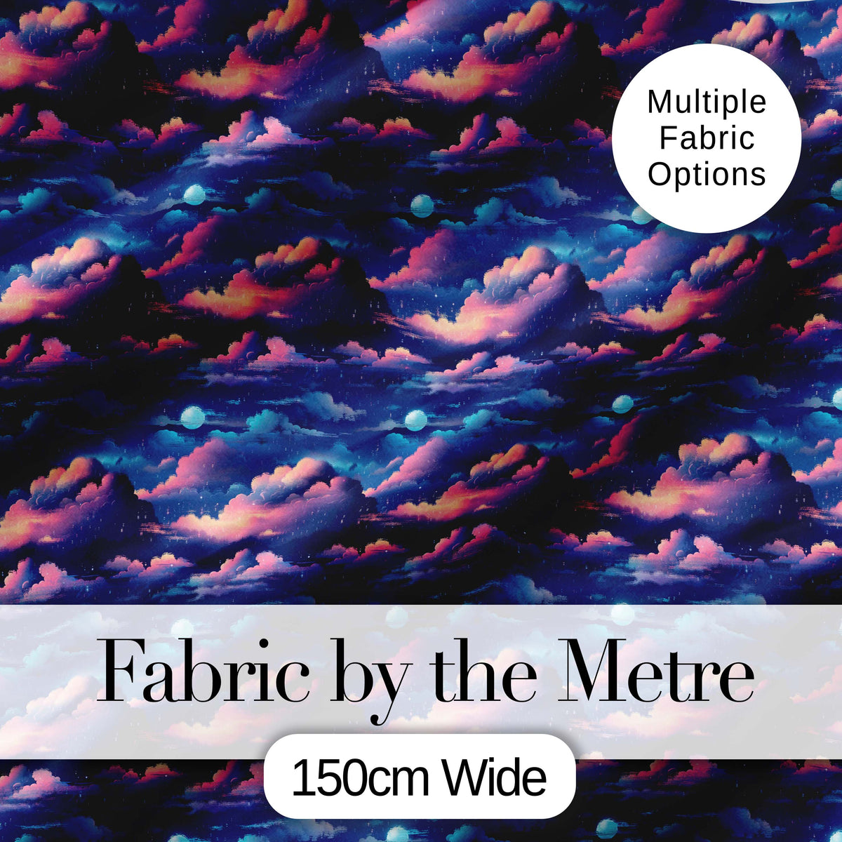 Dark Starry Night Clouds Moon Sky Seamless Pattern Digital Print Fabric by the Metre UK Sewing Quilting Textile