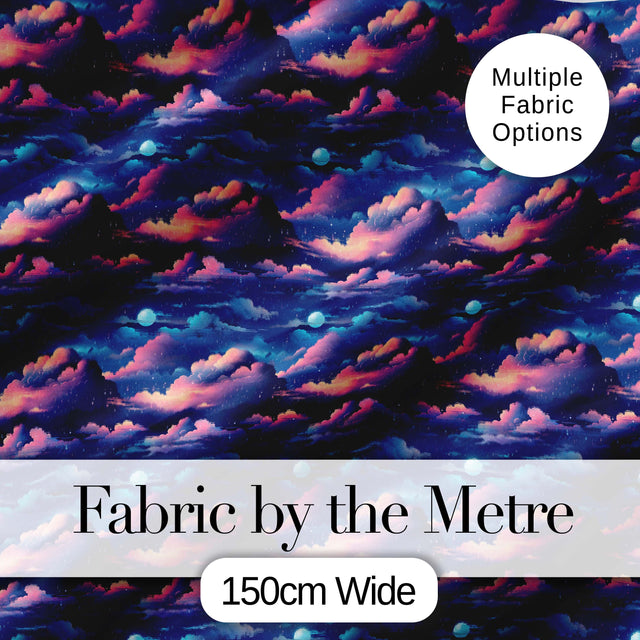Dark Starry Night Clouds Moon Sky Seamless Pattern Digital Print Fabric by the Metre UK Sewing Quilting Textile