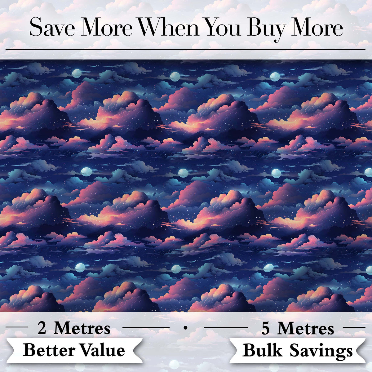Dark Starry Night Clouds Moon Sky Seamless Pattern Digital Print Fabric by the Metre UK Sewing Quilting Textile