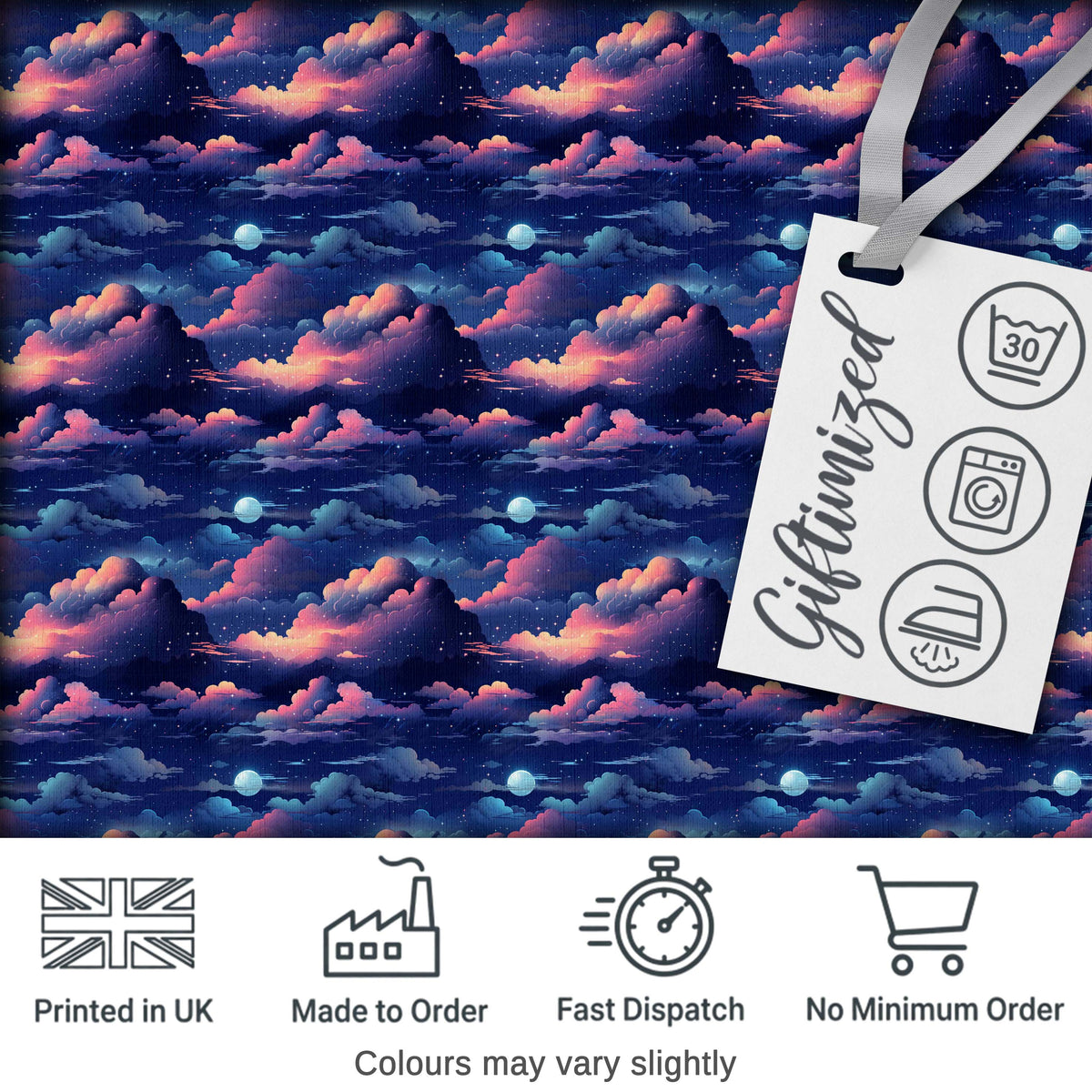 Dark Starry Night Clouds Moon Sky Seamless Pattern Digital Print Fabric by the Metre UK Sewing Quilting Textile