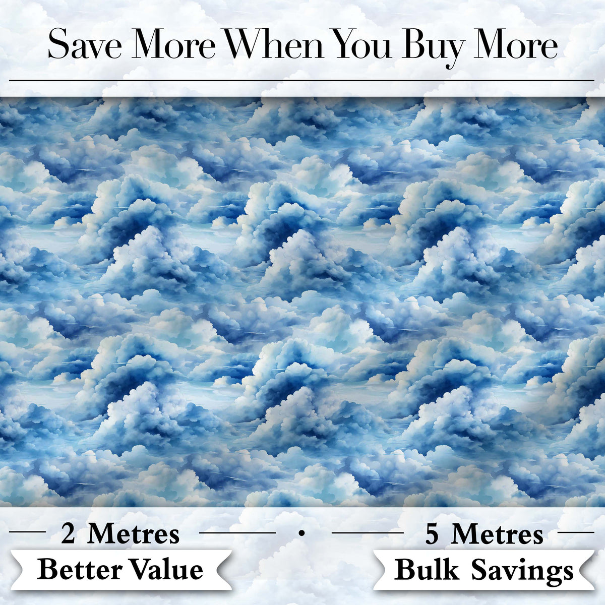 Blue White Realistic Clouds Sky Seamless Pattern Digital Print Fabric by the Metre UK Sewing Quilting Textile