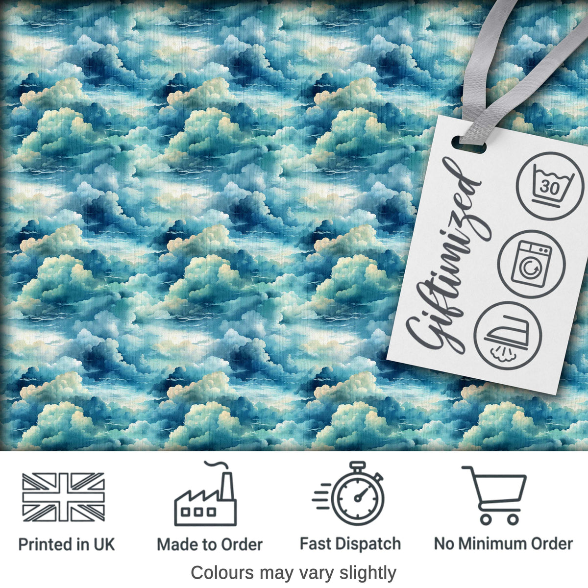 Deep Blue Ocean Clouds Sky Seamless Pattern Digital Print Fabric by the Metre UK Sewing Quilting Textile