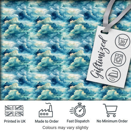 Deep Blue Ocean Clouds Sky Seamless Pattern Digital Print Fabric by the Metre UK Sewing Quilting Textile