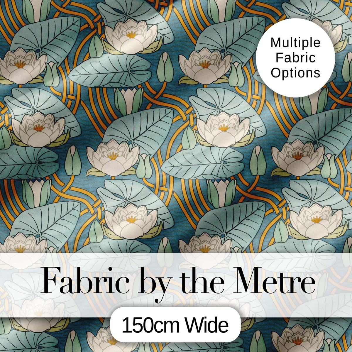 Art Nouveau Lily Pond Floral Seamless Pattern Digital Print Fabric by the Metre UK Sewing Quilting Textile