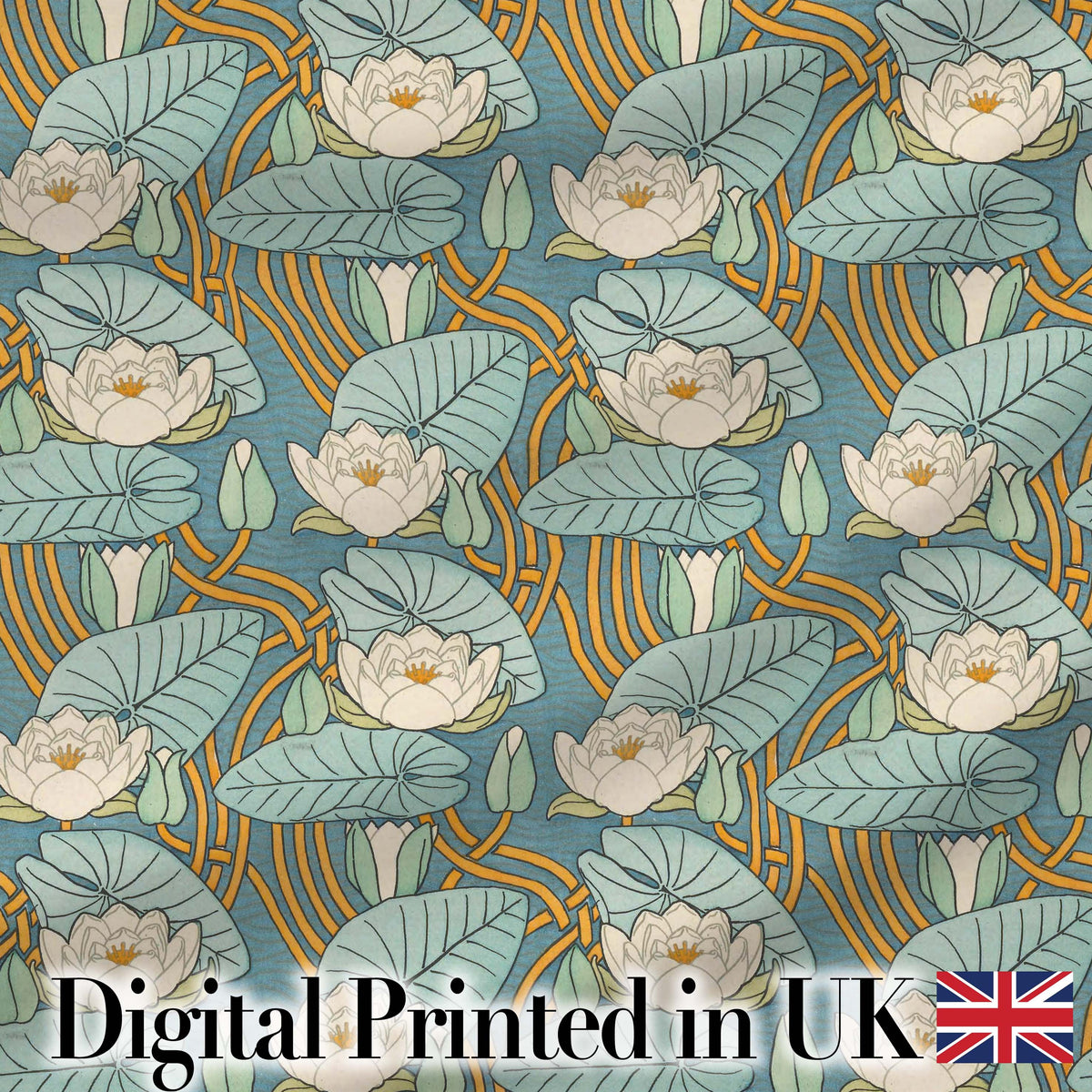 Art Nouveau Lily Pond Floral Seamless Pattern Digital Print Fabric by the Metre UK Sewing Quilting Textile