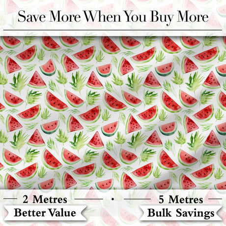 Watercolor Watermelon Slices with Green Leaves Seamless Pattern Digital Print Fabric by the Metre UK Sewing Quilting Textile