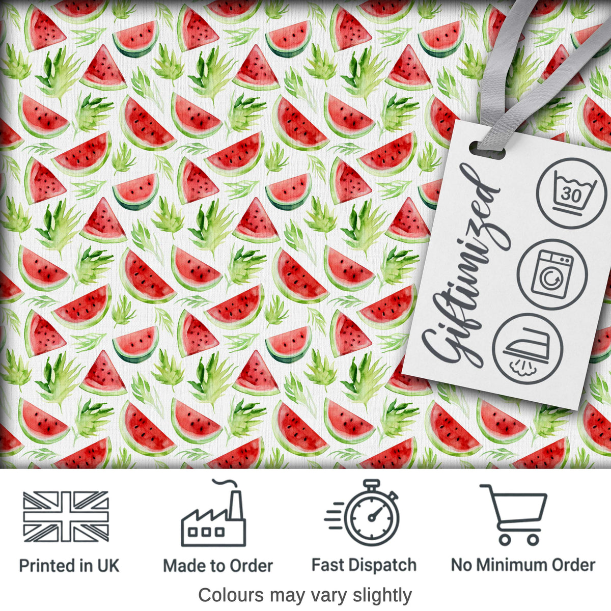 Watercolor Watermelon Slices with Green Leaves Seamless Pattern Digital Print Fabric by the Metre UK Sewing Quilting Textile