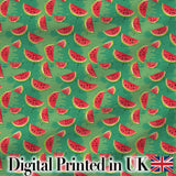 Watermelon Slices on Green Painted Background Seamless Pattern Digital Print Fabric by the Metre UK Sewing Quilting Textile