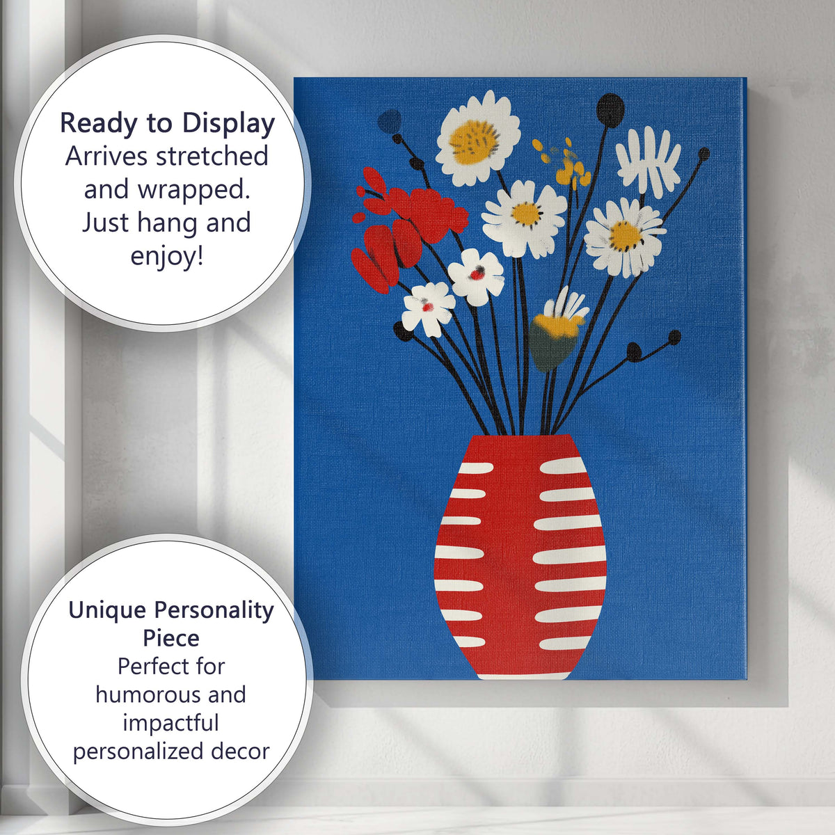 Scandinavian Folk Art Wildflower Bouquet in Striped Vase Canvas Wall Art Print Decor Picture Ready to Hang
