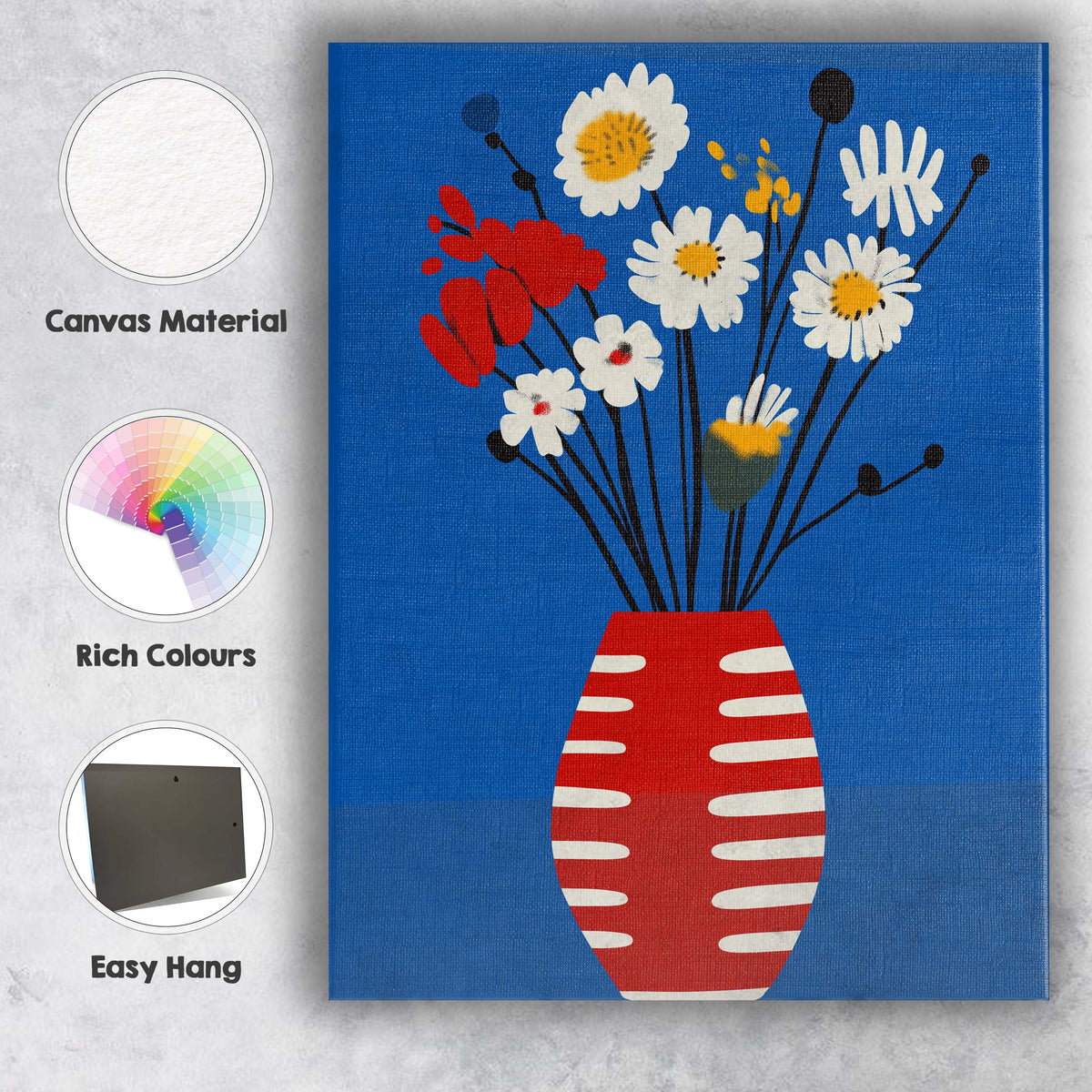 Scandinavian Folk Art Wildflower Bouquet in Striped Vase Canvas Wall Art Print Decor Picture Ready to Hang