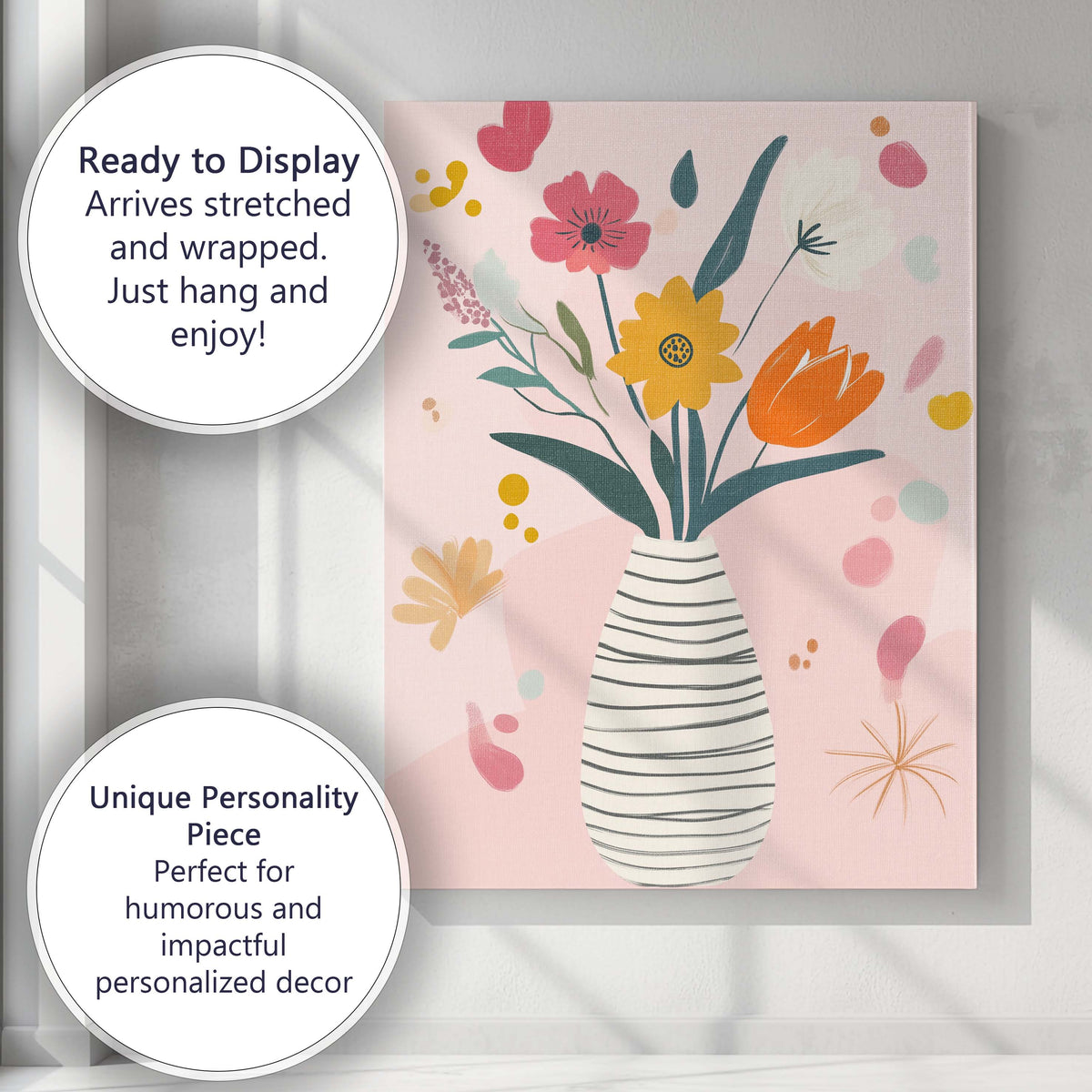 Pastel Botanical Flower Arrangement with Modern Vase Illustration Canvas Wall Art Print Decor Picture Ready to Hang