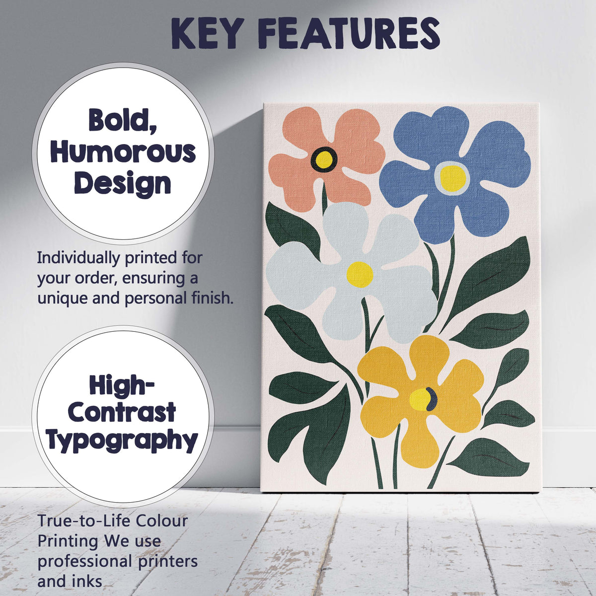 Retro Floral Bouquet with Blue and Yellow Blooms Canvas Wall Art Print Decor Picture Ready to Hang