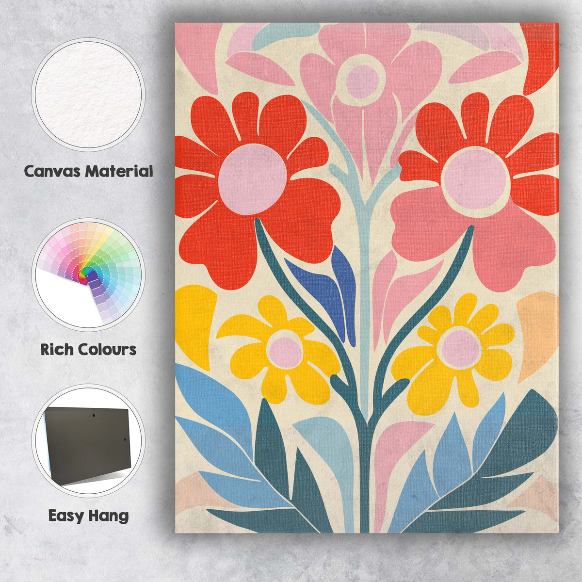 Scandinavian Folk Art Floral Bouquet in Coral Pink and Mustard Tones Canvas Wall Art Print Decor Picture Ready to Hang