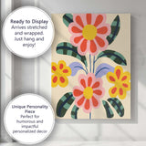 Retro Folk Flower Arrangement with Pink Petals and Patterned Leaves Canvas Wall Art Print Decor Picture Ready to Hang