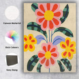 Retro Folk Flower Arrangement with Pink Petals and Patterned Leaves Canvas Wall Art Print Decor Picture Ready to Hang
