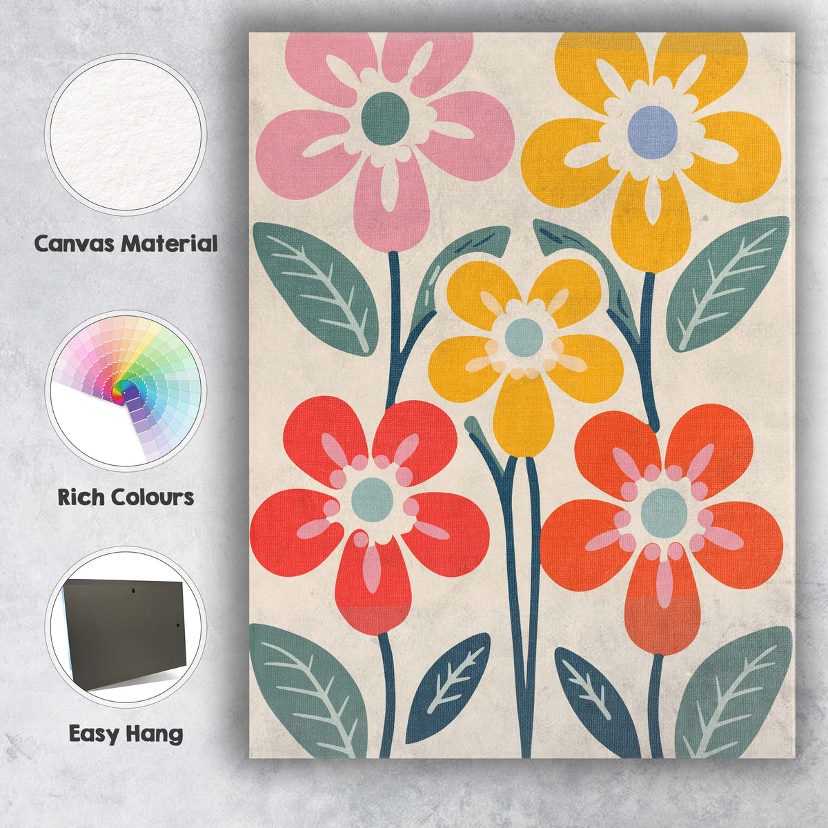 Mid Century Floral Garden with Colourful Blooms and Botanical Leaves Canvas Wall Art Print Decor Picture Ready to Hang