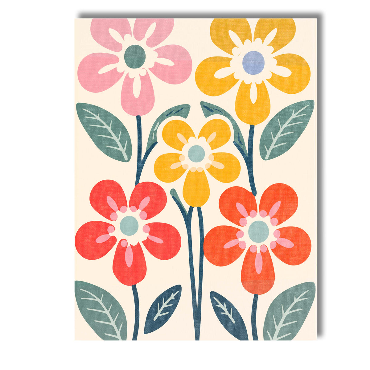 Mid Century Floral Garden with Colourful Blooms and Botanical Leaves Canvas Wall Art Print Decor Picture Ready to Hang