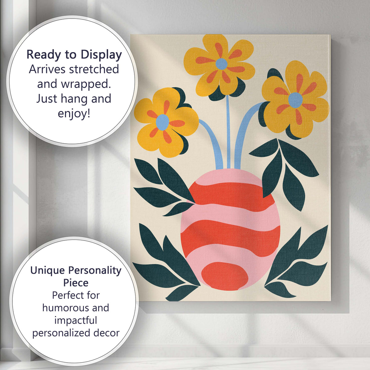 Modern Yellow Flower Arrangement in Abstract Pink Vase Canvas Wall Art Print Decor Picture Ready to Hang