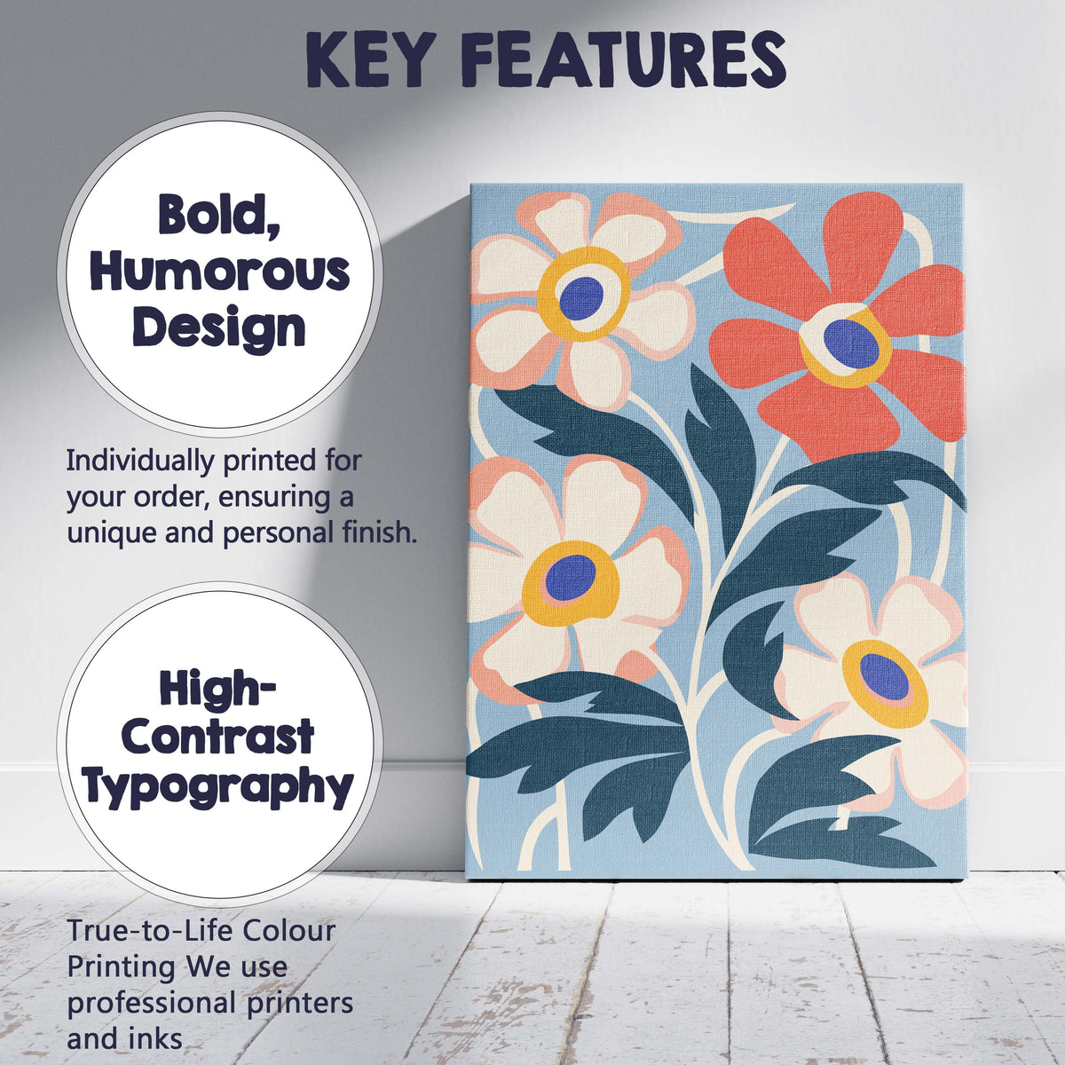 Pastel Floral Composition with Cream Blossoms on Blue Background Canvas Wall Art Print Decor Picture Ready to Hang