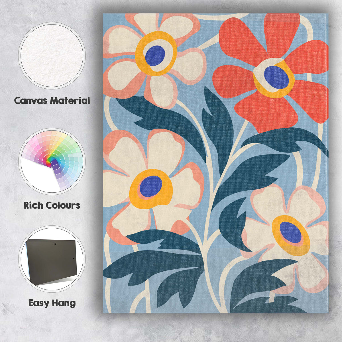 Pastel Floral Composition with Cream Blossoms on Blue Background Canvas Wall Art Print Decor Picture Ready to Hang