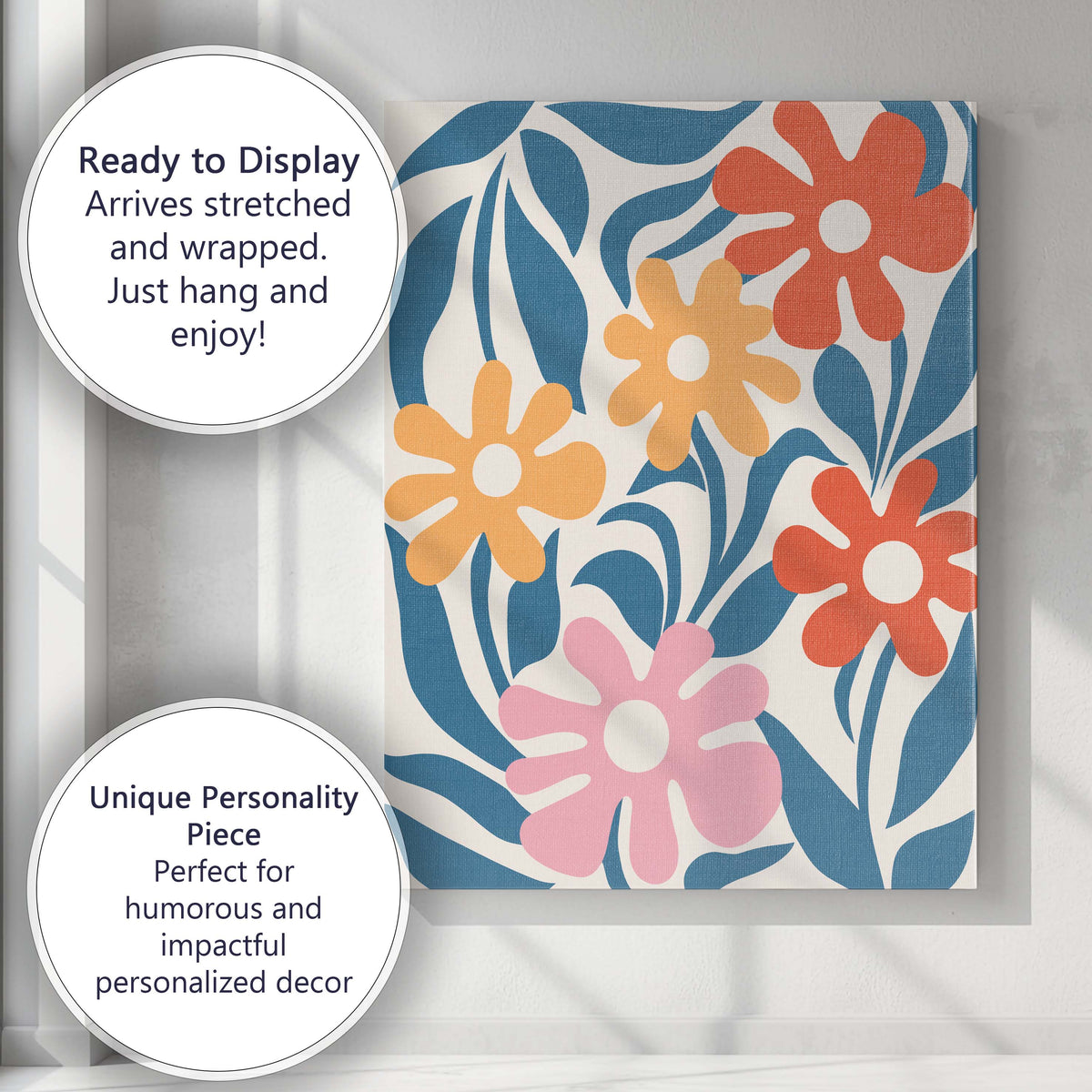 Scandinavian Folk Art Floral Garden in Coral Pink and Mustard Yellow Canvas Wall Art Print Decor Picture Ready to Hang