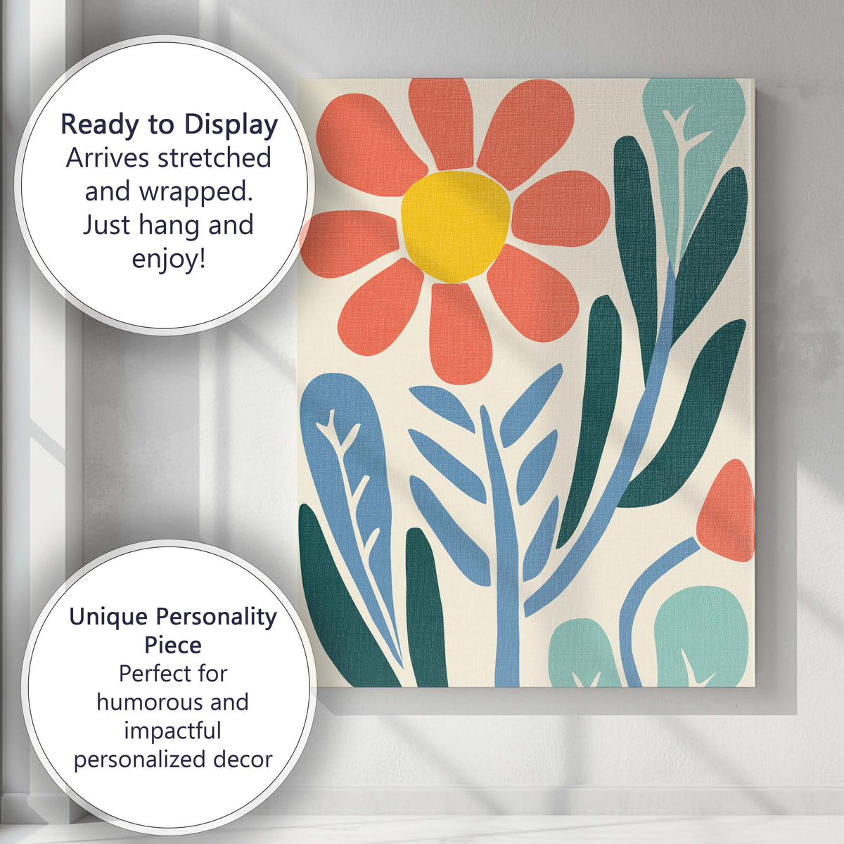Contemporary Coral Flower Botanical Landscape with Blue Foliage Canvas Wall Art Print Decor Picture Ready to Hang