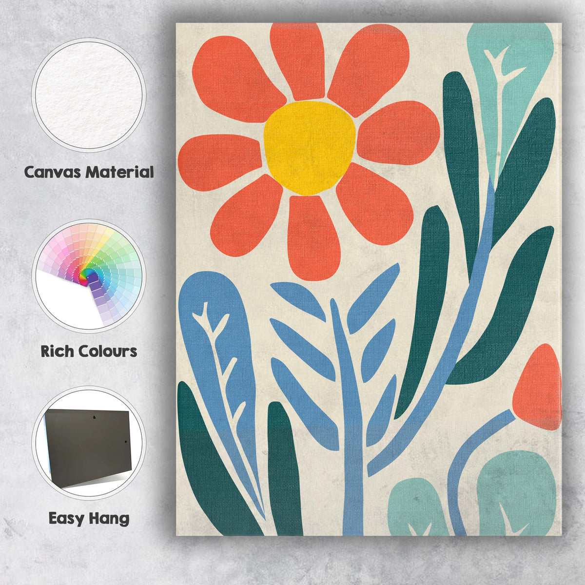Contemporary Coral Flower Botanical Landscape with Blue Foliage Canvas Wall Art Print Decor Picture Ready to Hang