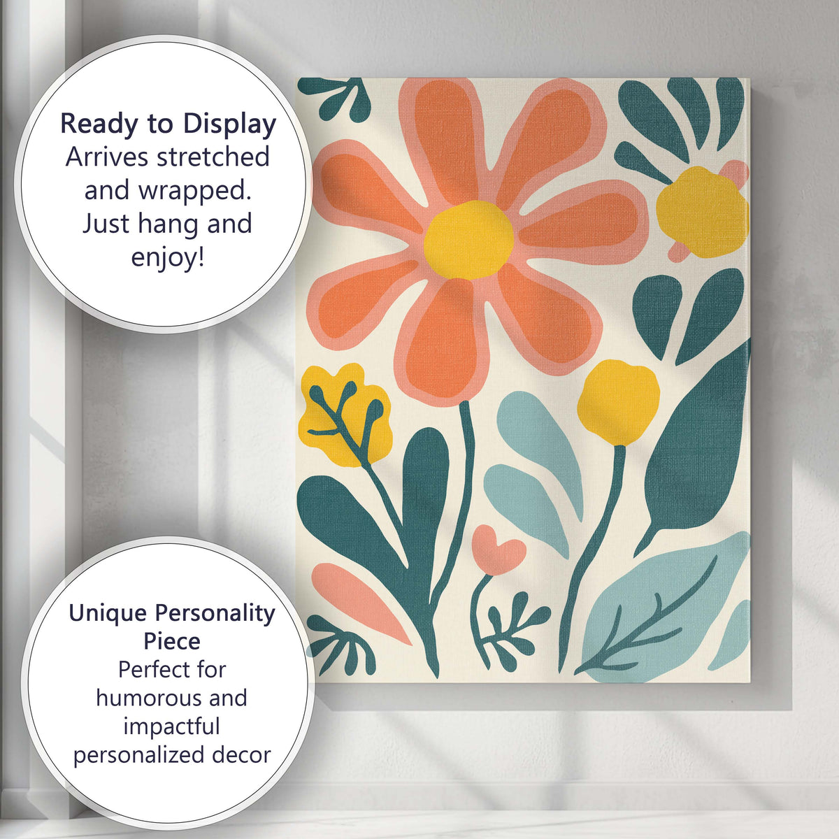 Playful Peach Daisy Floral Illustration with Abstract Botanical Elements Canvas Wall Art Print Decor Picture Ready to Hang