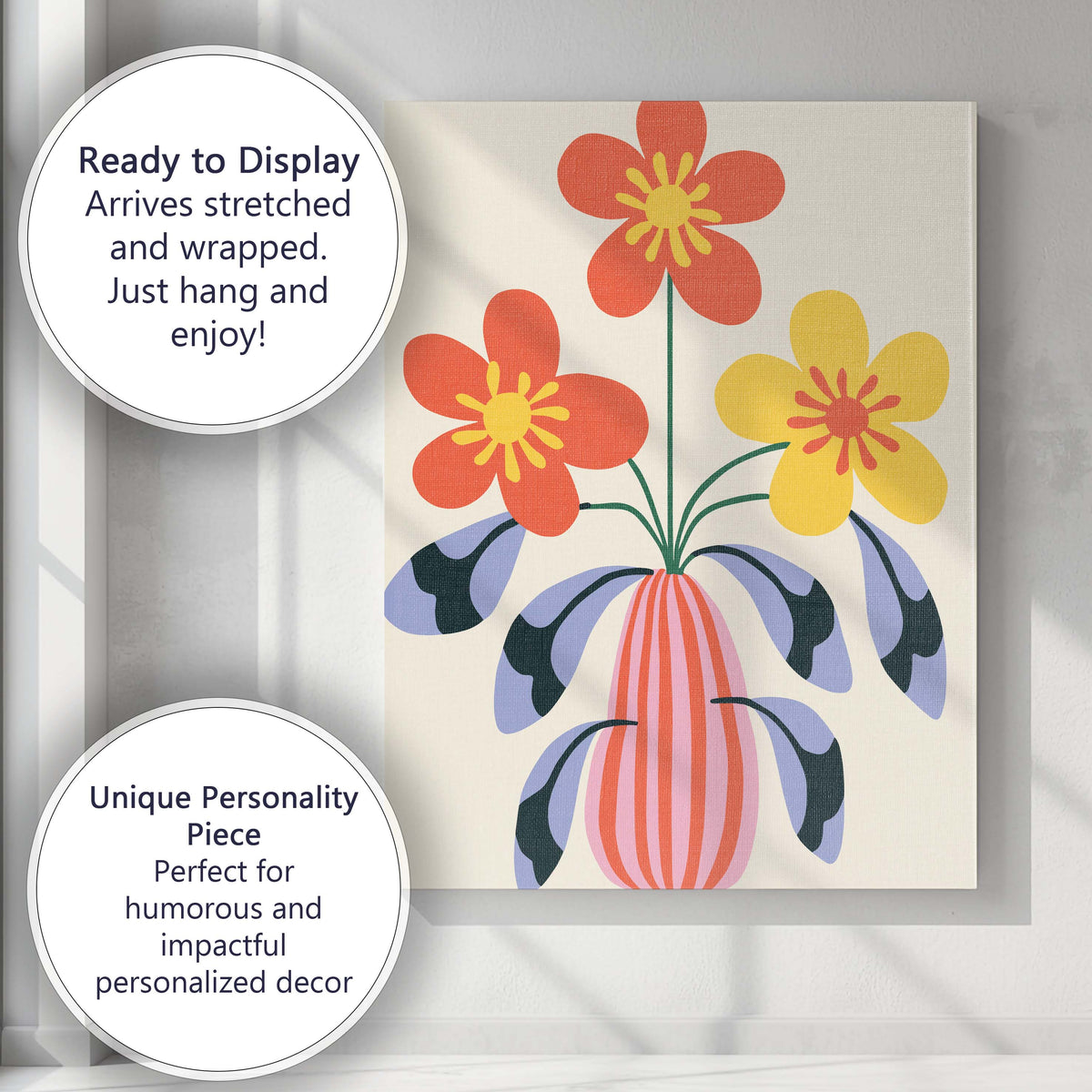 Scandinavian Floral Vase Arrangement with Coral and Yellow Blooms Canvas Wall Art Print Decor Picture Ready to Hang