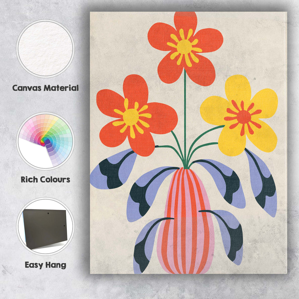 Scandinavian Floral Vase Arrangement with Coral and Yellow Blooms Canvas Wall Art Print Decor Picture Ready to Hang