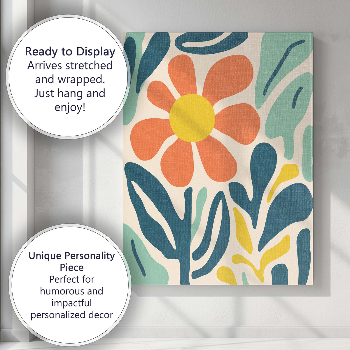 Abstract Orange Daisy Botanical Garden in Teal and Mint Green Canvas Wall Art Print Decor Picture Ready to Hang