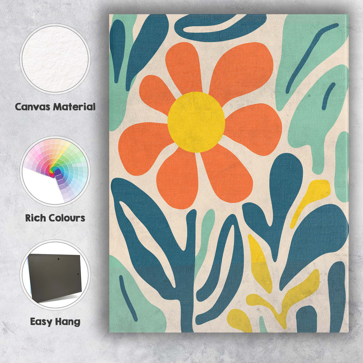 Abstract Orange Daisy Botanical Garden in Teal and Mint Green Canvas Wall Art Print Decor Picture Ready to Hang