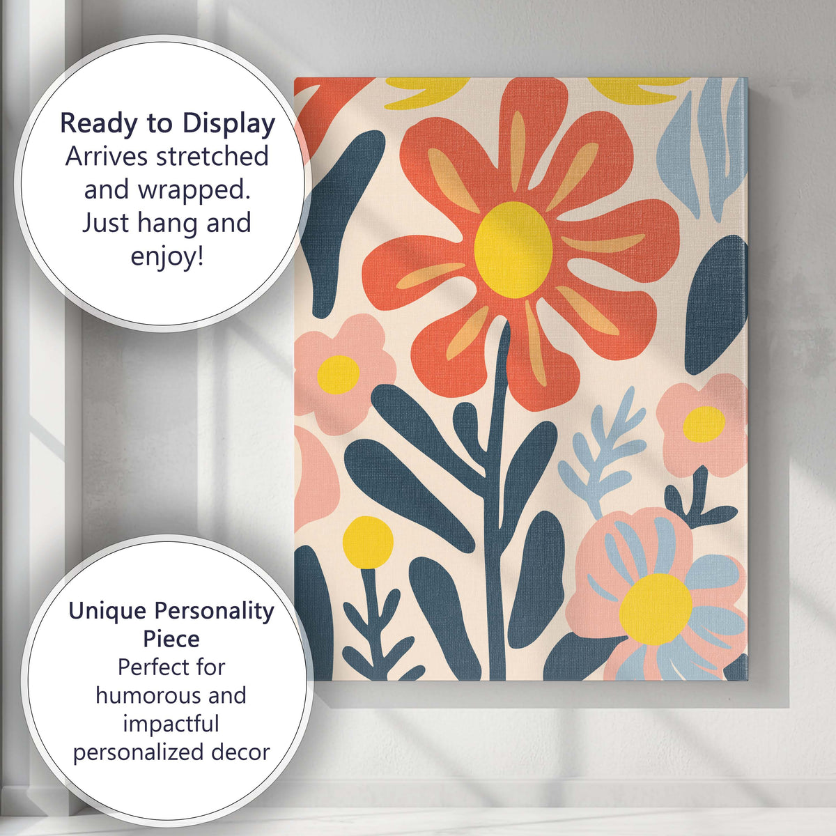 Retro Orange Flower and Pastel Blossom Folk Art Composition Canvas Wall Art Print Decor Picture Ready to Hang