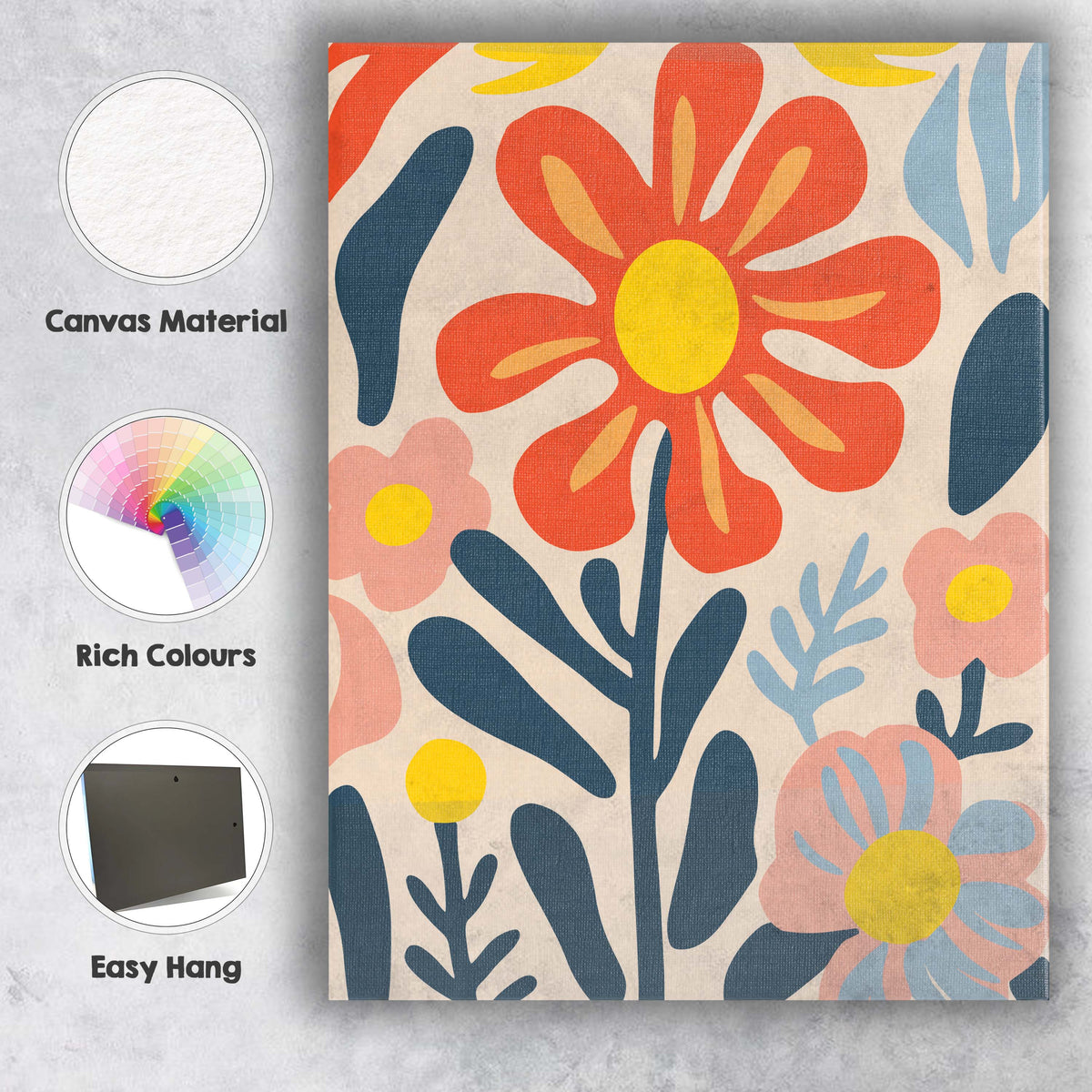Retro Orange Flower and Pastel Blossom Folk Art Composition Canvas Wall Art Print Decor Picture Ready to Hang