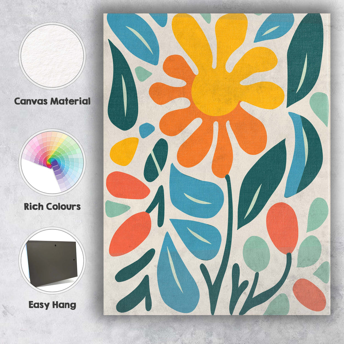 Modern Botanical Flower Illustration in Mustard Teal and Coral Tones Canvas Wall Art Print Decor Picture Ready to Hang