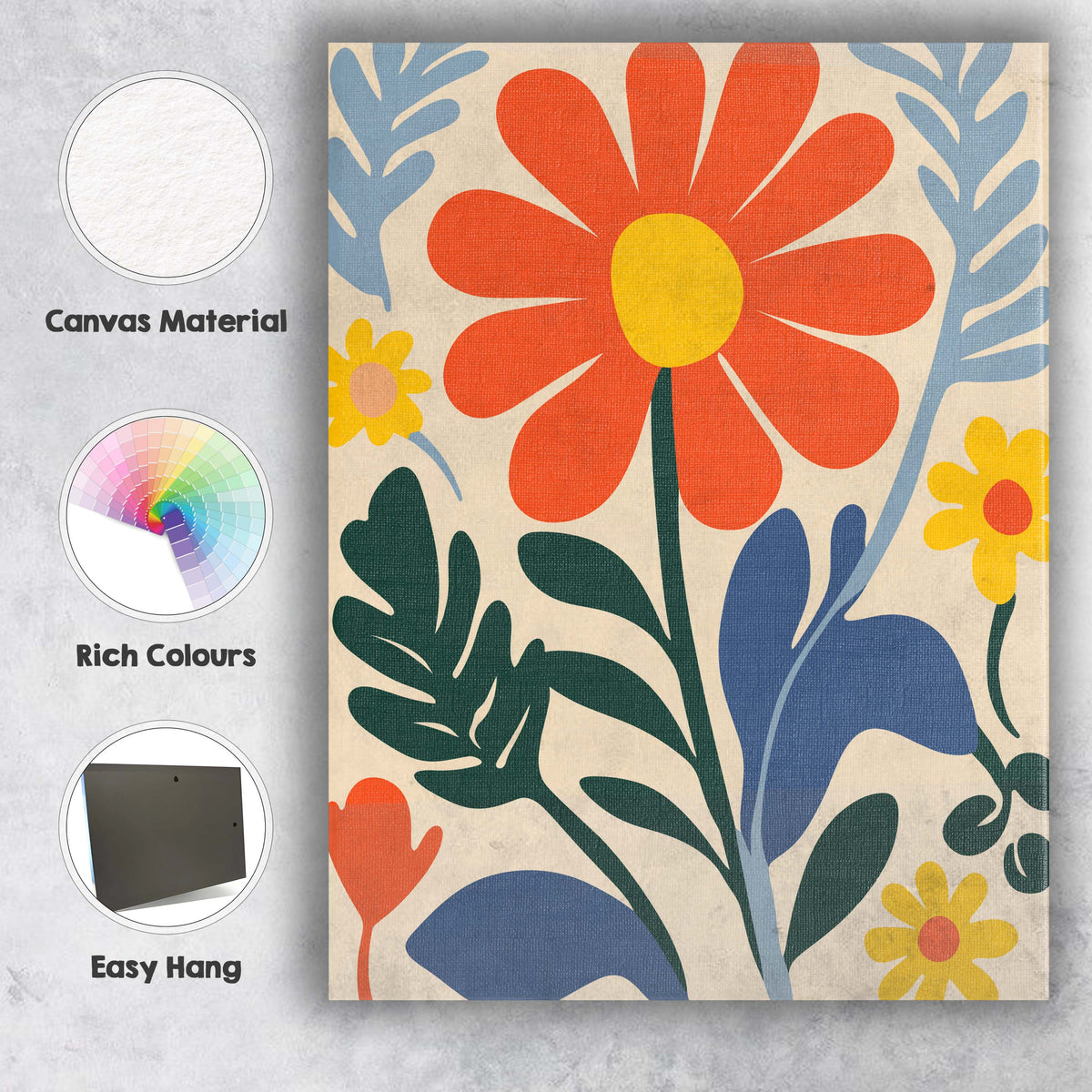 Scandinavian Wildflower Meadow with Coral Daisy and Botanical Leaves Canvas Wall Art Print Decor Picture Ready to Hang