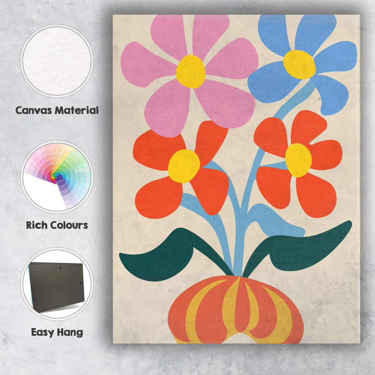Scandinavian Floral Bouquet in Decorative Orange Vase Canvas Wall Art Print Decor Picture Ready to Hang