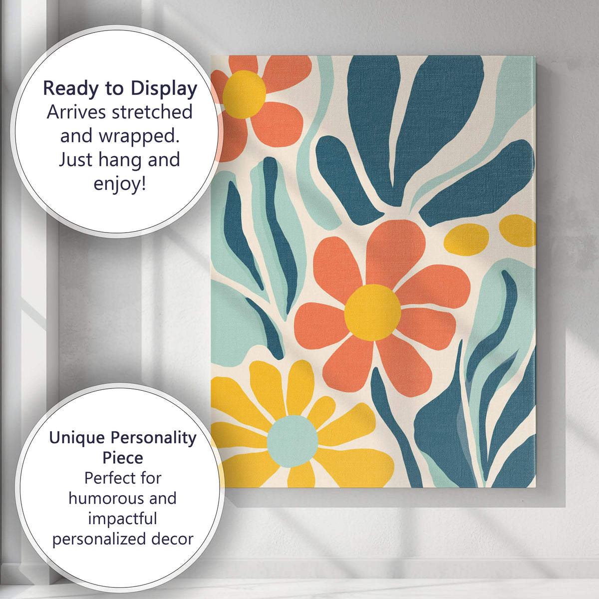 Scandinavian Floral Pattern with Coral Daisies and Blue Green Foliage Canvas Wall Art Print Decor Picture Ready to Hang
