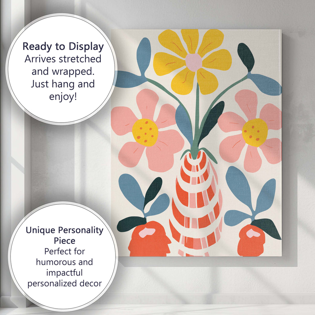 Nordic Floral Arrangement with Pink Petals and Striped Vase Canvas Wall Art Print Decor Picture Ready to Hang