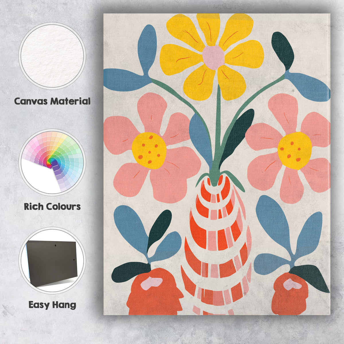 Nordic Floral Arrangement with Pink Petals and Striped Vase Canvas Wall Art Print Decor Picture Ready to Hang