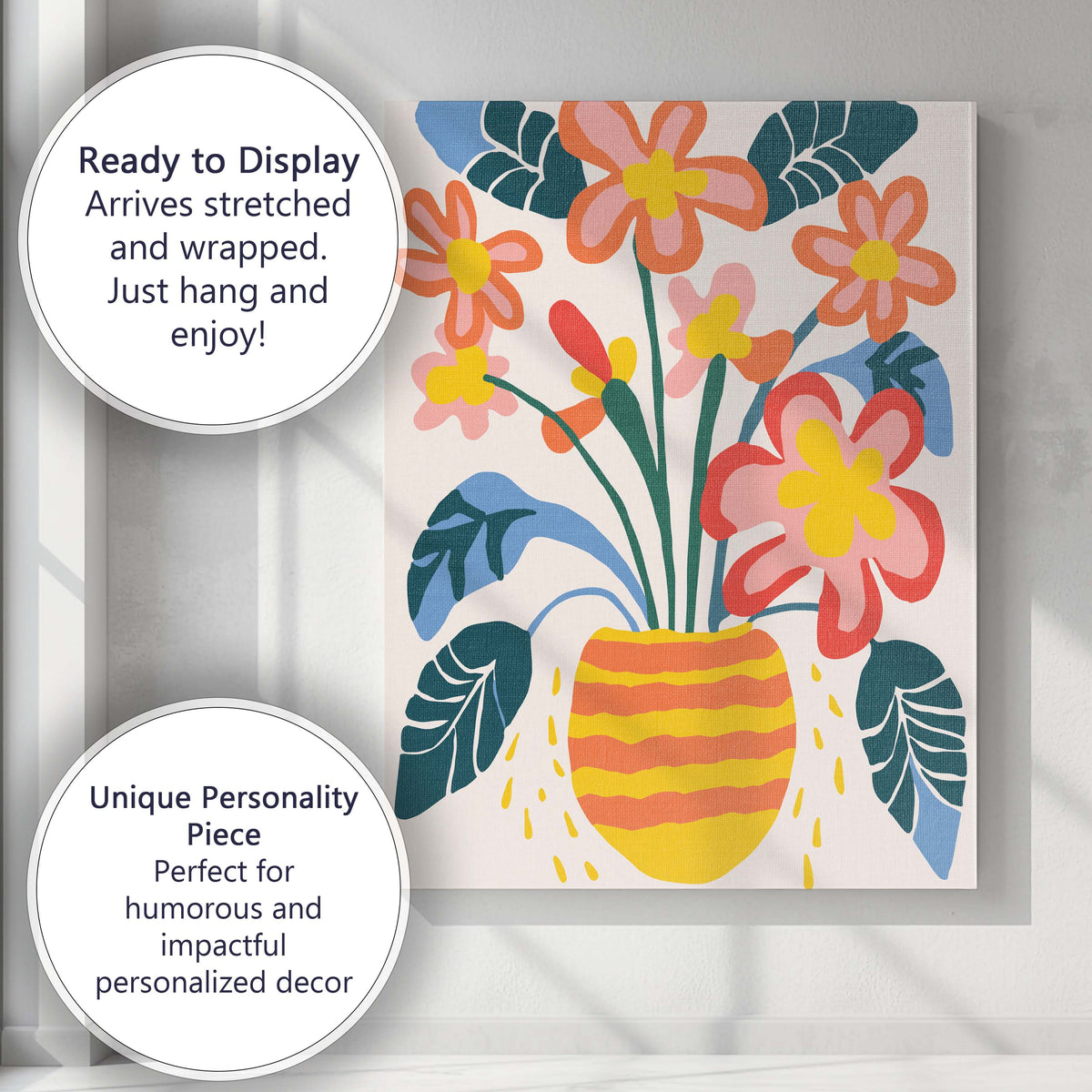 Scandinavian Floral Bouquet in Striped Yellow Vase Tropical Leaf Illustration Canvas Wall Art Print Decor Picture Ready to Hang