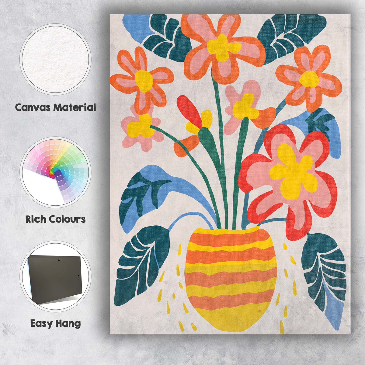 Scandinavian Floral Bouquet in Striped Yellow Vase Tropical Leaf Illustration Canvas Wall Art Print Decor Picture Ready to Hang