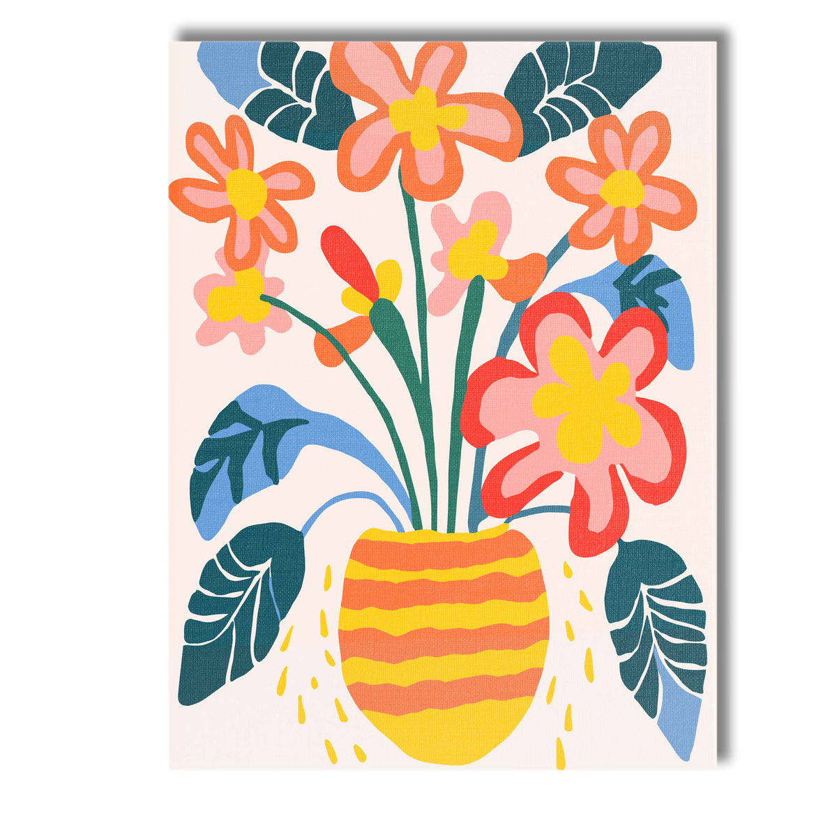 Scandinavian Floral Bouquet in Striped Yellow Vase Tropical Leaf Illustration Canvas Wall Art Print Decor Picture Ready to Hang