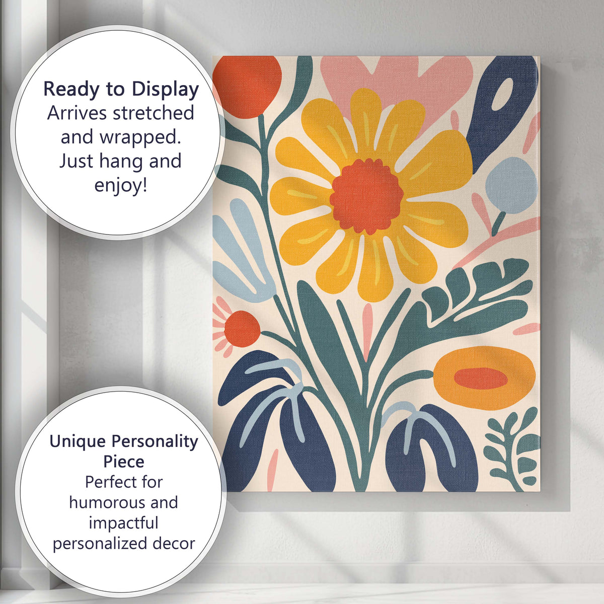 Mid Century Yellow Bloom and Teal Foliage Botanical Artwork Canvas Wall Art Print Decor Picture Ready to Hang