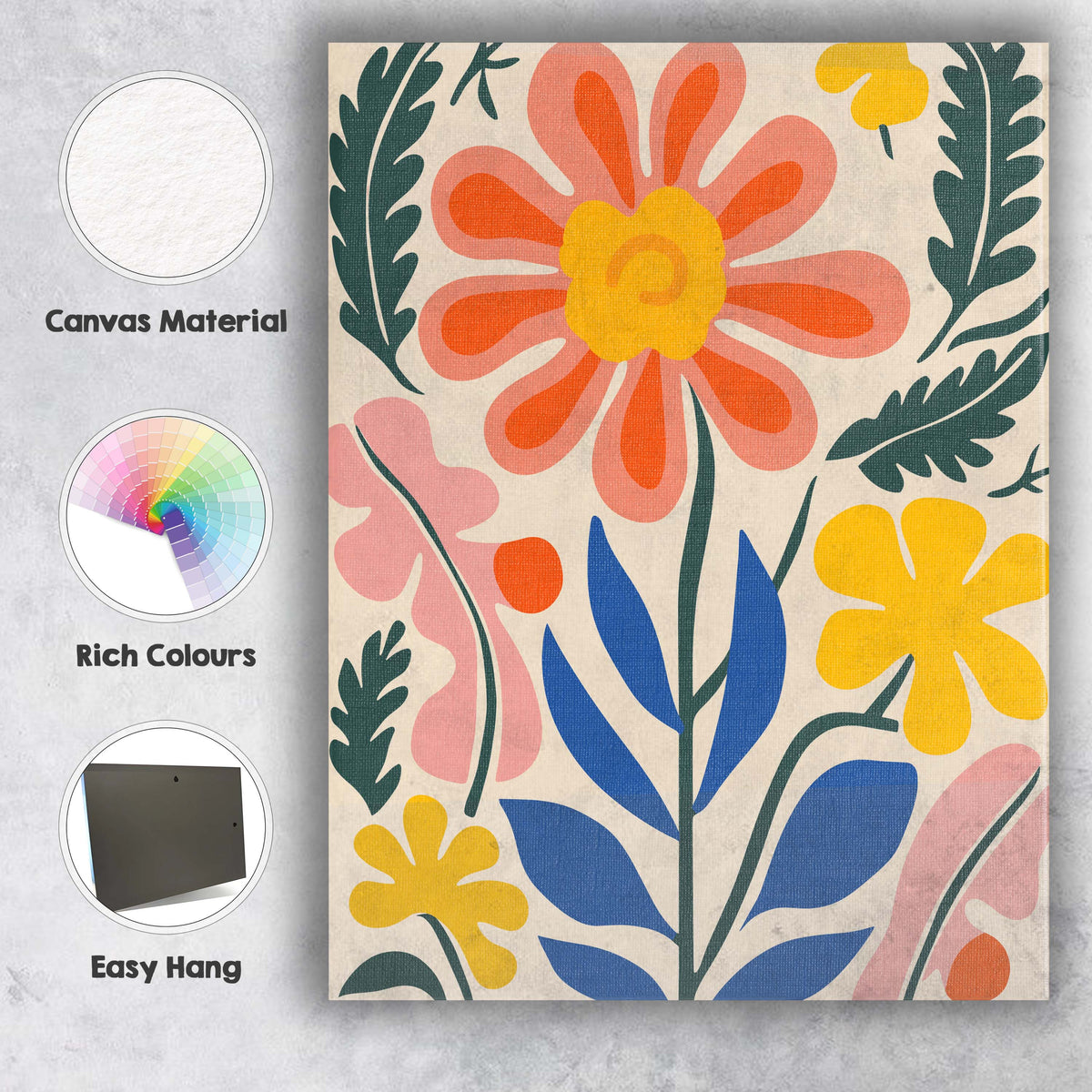 Nordic Floral Garden with Blue Leaves and Coral Blossom Canvas Wall Art Print Decor Picture Ready to Hang