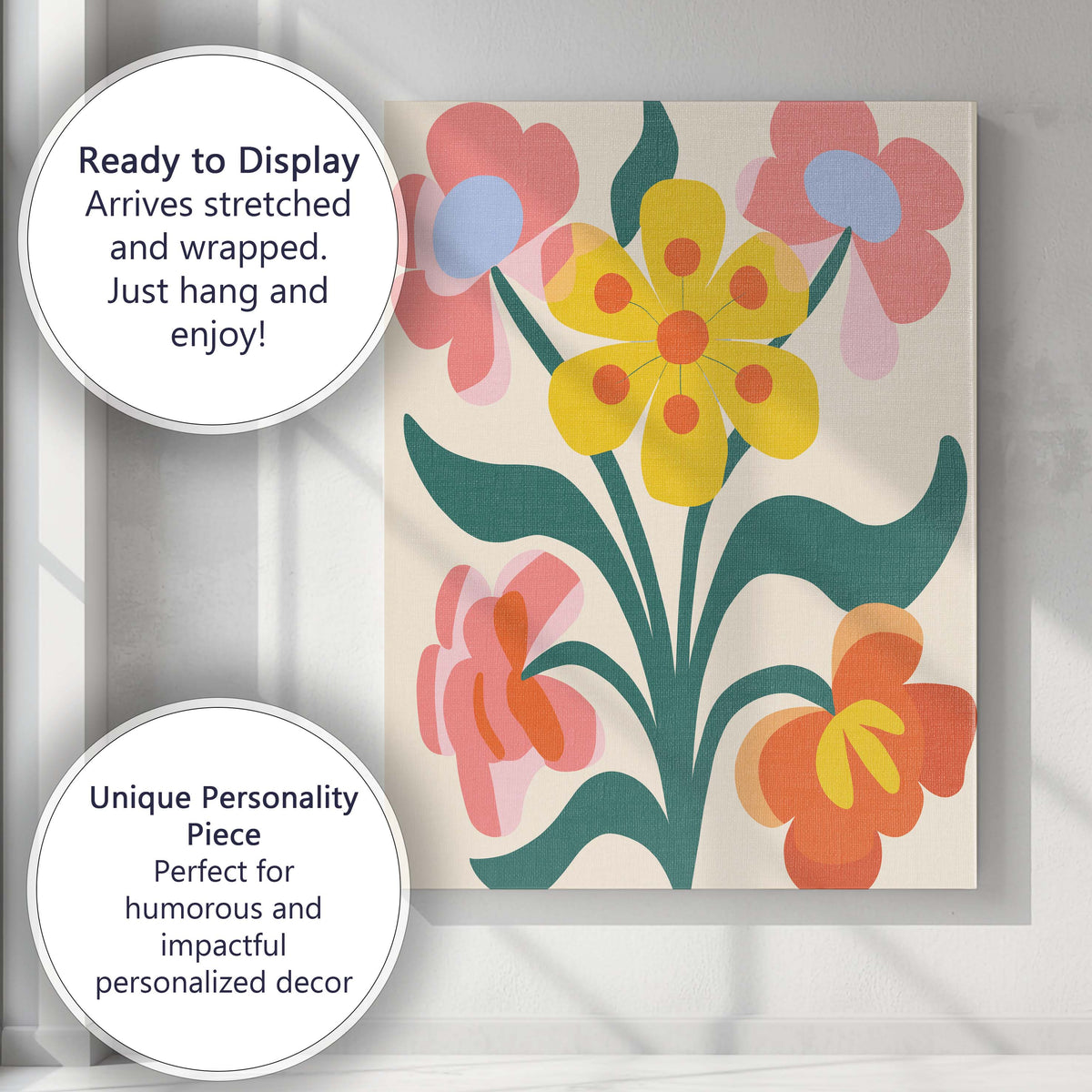 Folk Art Yellow Flower Bouquet with Pink and Coral Blossoms Canvas Wall Art Print Decor Picture Ready to Hang