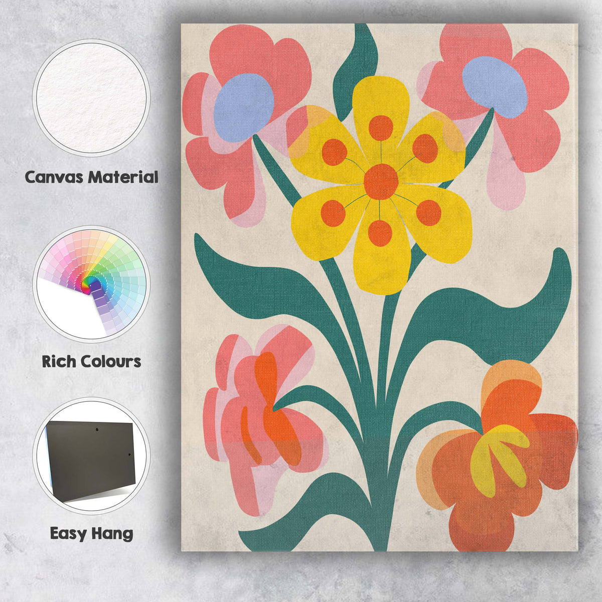 Folk Art Yellow Flower Bouquet with Pink and Coral Blossoms Canvas Wall Art Print Decor Picture Ready to Hang