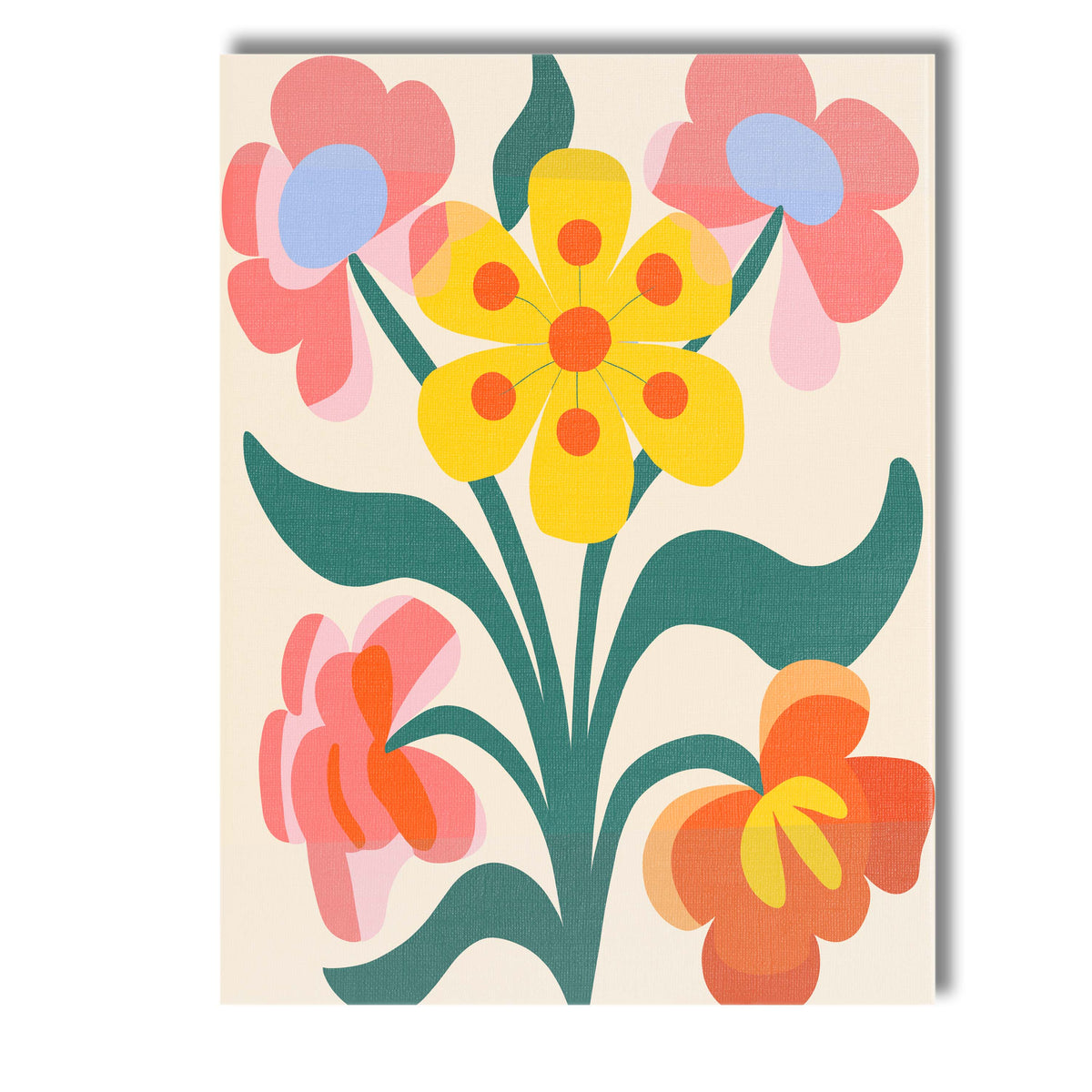 Folk Art Yellow Flower Bouquet with Pink and Coral Blossoms Canvas Wall Art Print Decor Picture Ready to Hang