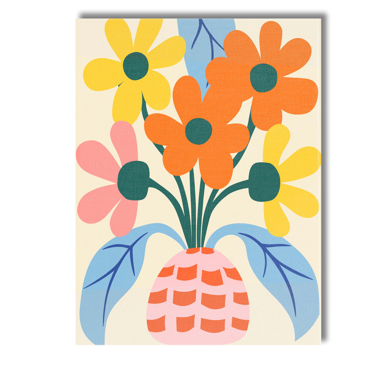 Scandinavian Flower Vase Arrangement with Pink Basket and Blue Leaves Canvas Wall Art Print Decor Picture Ready to Hang