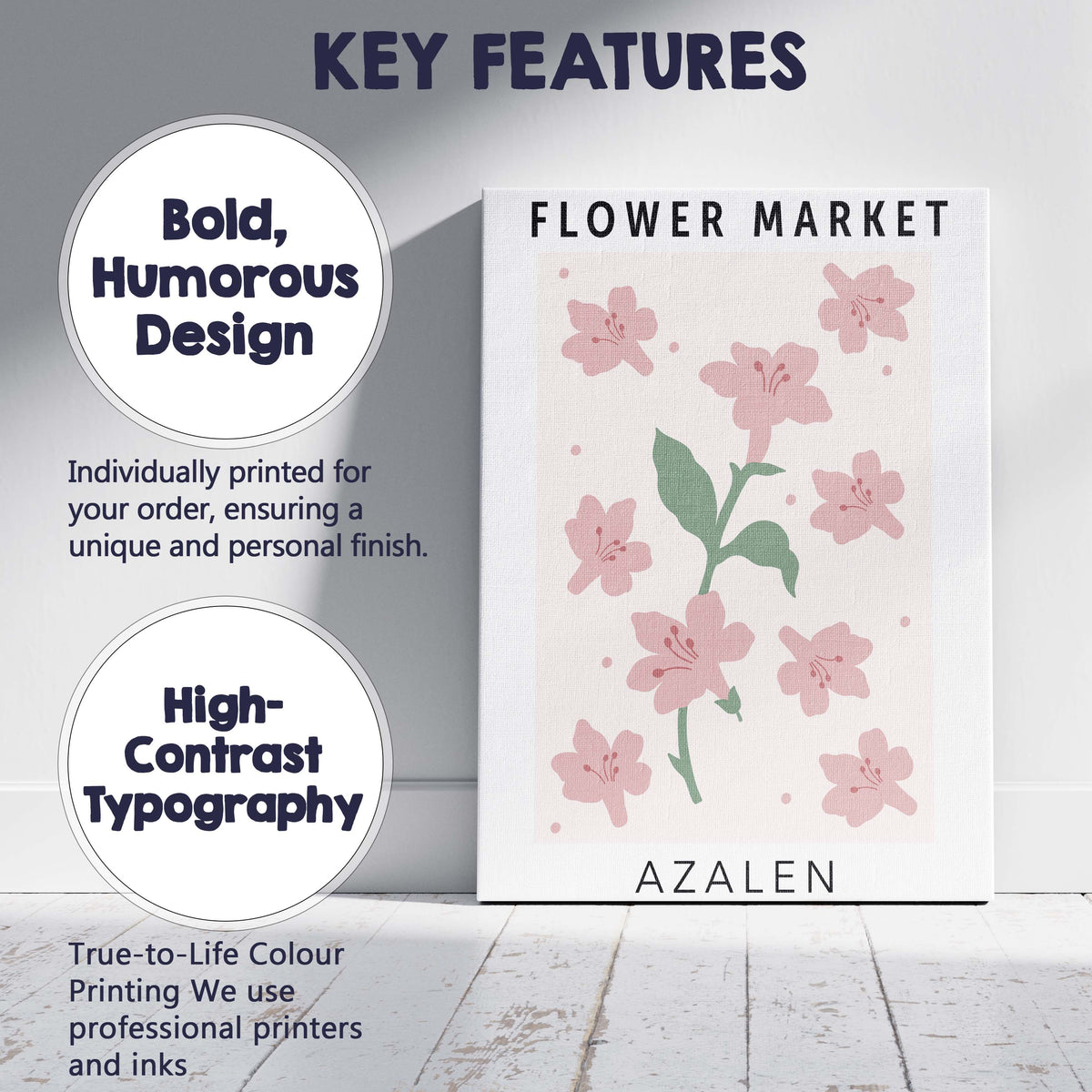 Soft Pink Azalea Floral Market Botanical Illustration Canvas Wall Art Print Decor Picture Ready to Hang